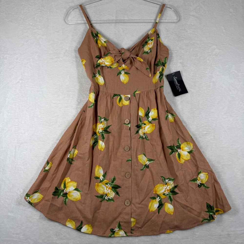 Sweet Rain Lemon Print Linen Blend Tie Front Mini Dress Tan Yellow Small